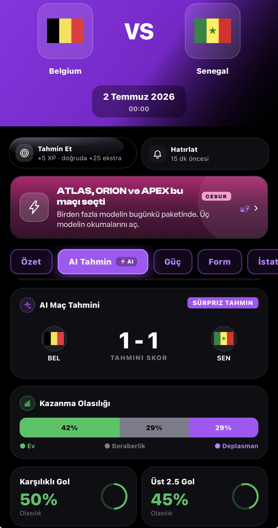 AI maç tahmini: beklenen skor ve kazanma olasılığı